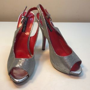 Charles Jourdan Silver “Red-Bottom” Open-Toe SlingBack Stilettos Size 9.5